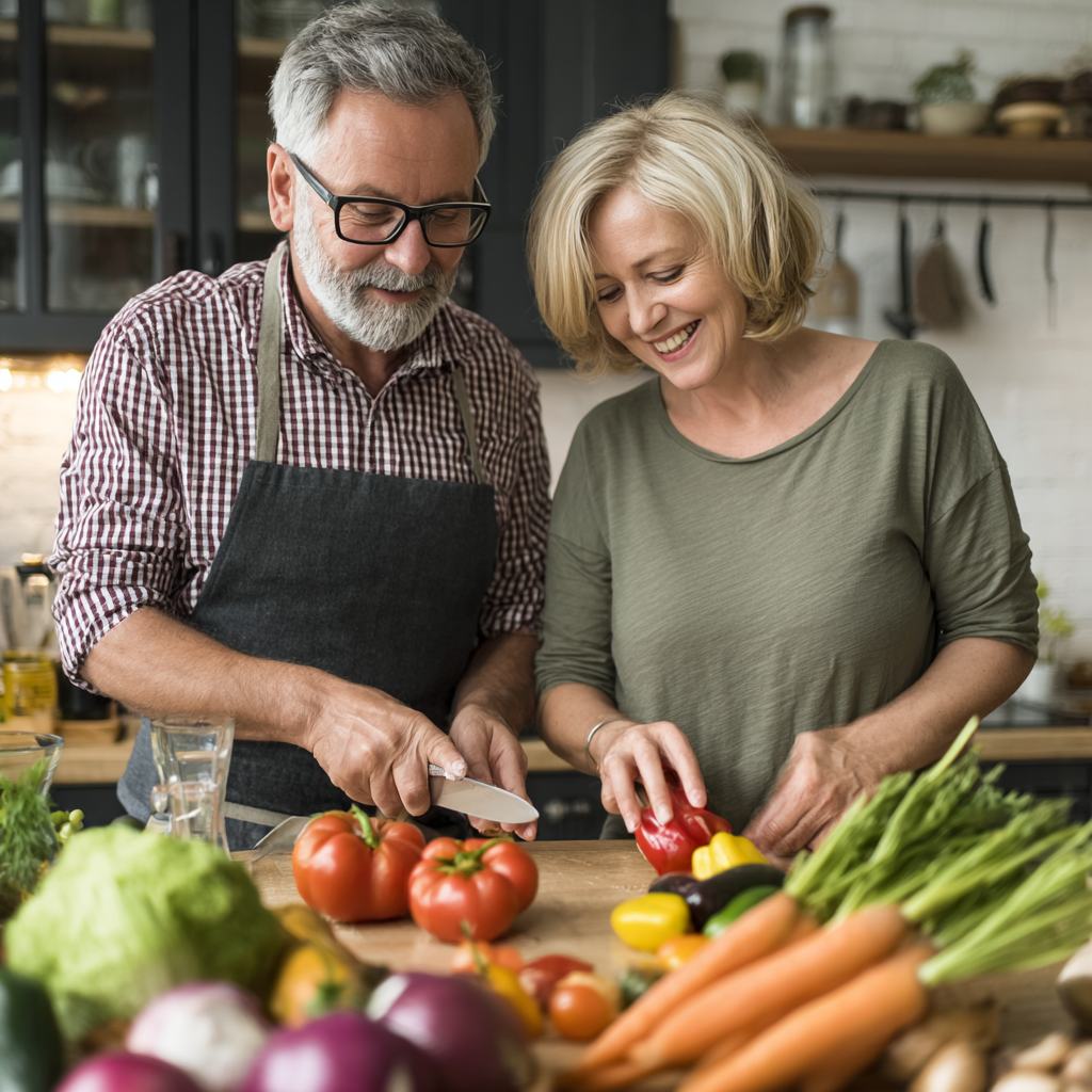 mature couple cooking together healthy vegetables in bright kitchen