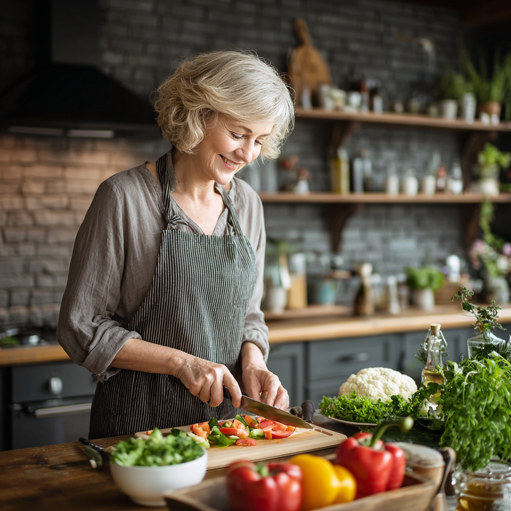 middle-aged woman preparing healthy meal in modern kitchen